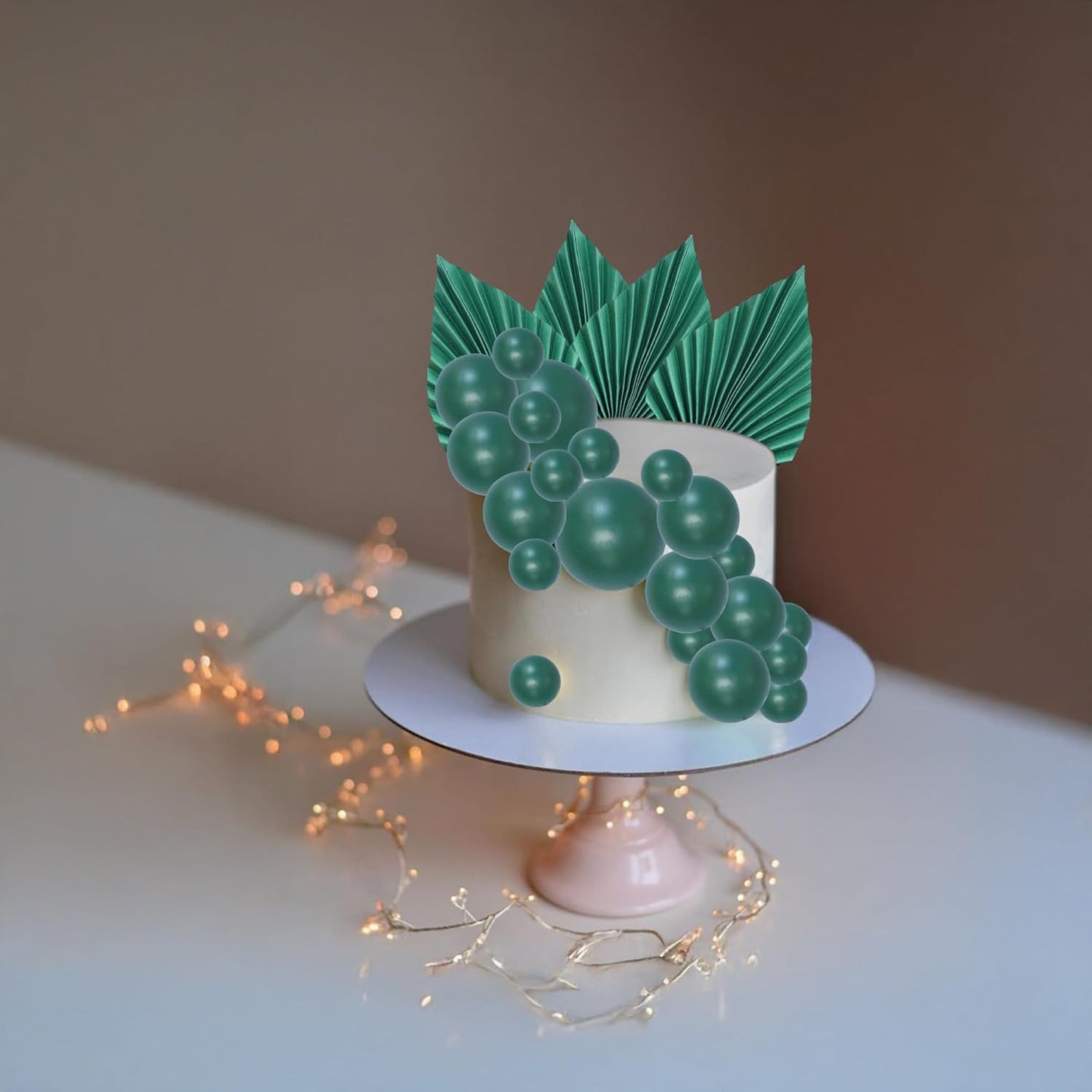 Ephlyn 28Pcs Paper Palm Fan Cake Topper Balls Cake Pick for Baby Shower Wedding Bridal Shower Birthday Anniversary Party DIY Cake Decorations Supplies Green