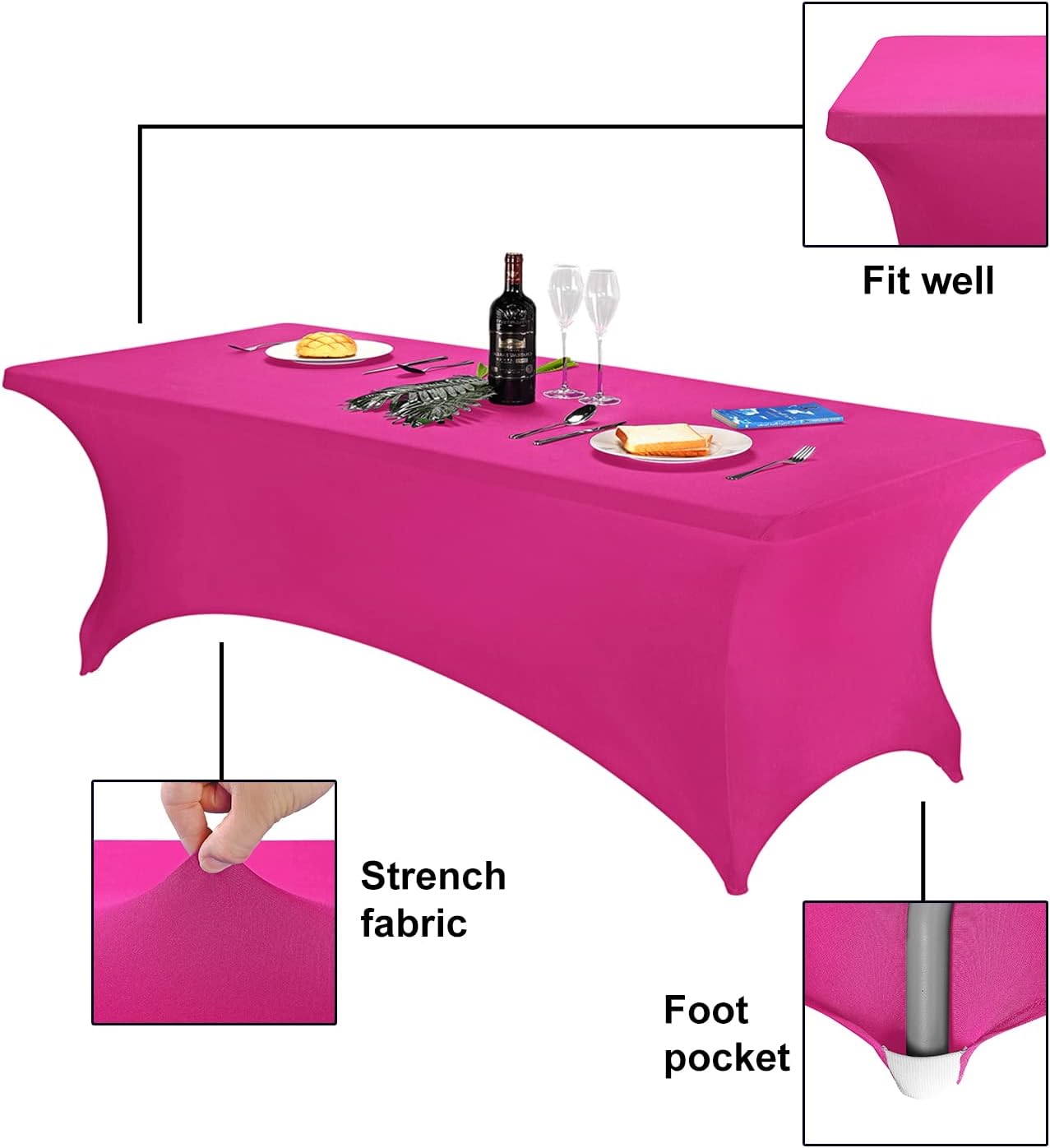 FORLIFE Spandex Table Cover - Fitted 8ft Rectangular Tablecloth, Stretch Patio Cover, Universal for Wedding, Banquet, Party (Fuchsia)