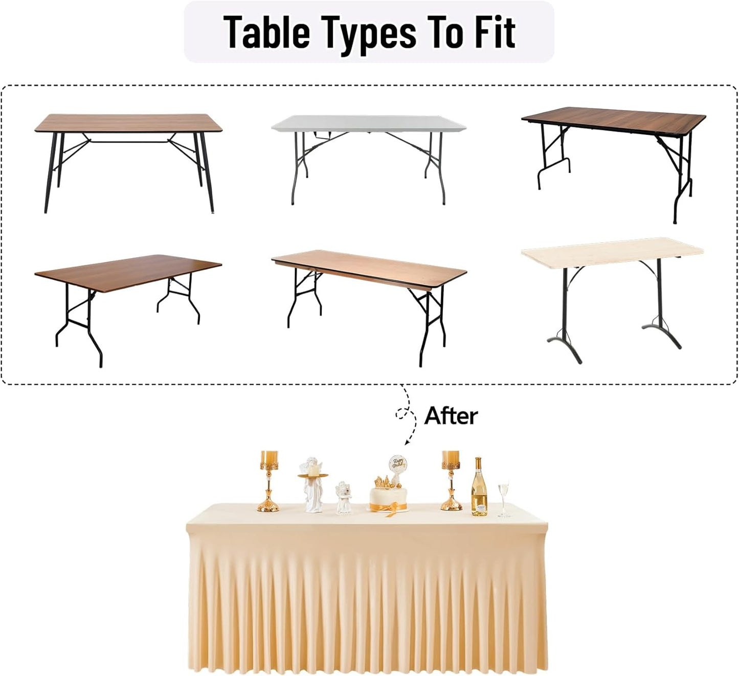 leegleri 4 Pack Champagne Spandex Table Clothes for 6 Foot Rectangle Tables, Wrinkle Free Fitted Table Cover 6ft Stretch Tablecloths with Skirt for Parties Weddings Birthday Banquet Baby Shower