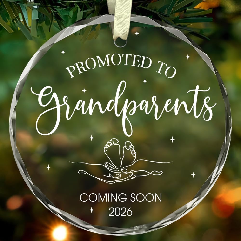 Christmas Grandparents Gifts - Promoted to Grandparents 2026 Ornament - First Time Grandparent Gifts for Grandma Grandpa - Baby Pregnancy Announcement Gift - Round Glass Ornament