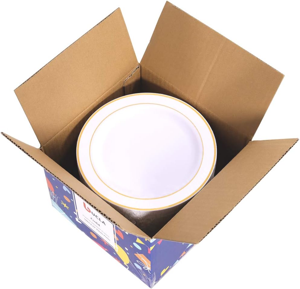 bUCLA 100Pieces Gold Plastic Plates - 6.25inch White with Gold Rim Disposable Salad/Dessert/Appetizer/Small Cake Plates Premium Hard - Ideal for Wedding, Party & Thanksgiving
