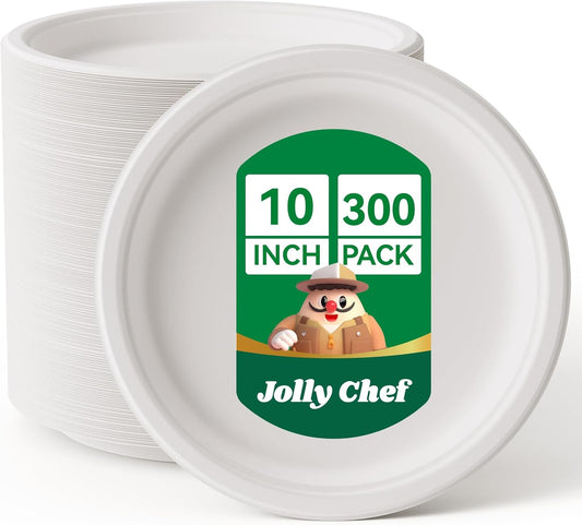 JOLLY CHEF Compostable Heavy Duty Plates 𝟭𝟬 𝗜𝗻𝗰𝗵 [𝟯𝟬𝟬 𝗣𝗮𝗰𝗸] Eco-Friendly Disposable White Paper Plates Made of Bagasse Biodegradable Bulk for Party Dinner Sugarcane Thanksgiving Day