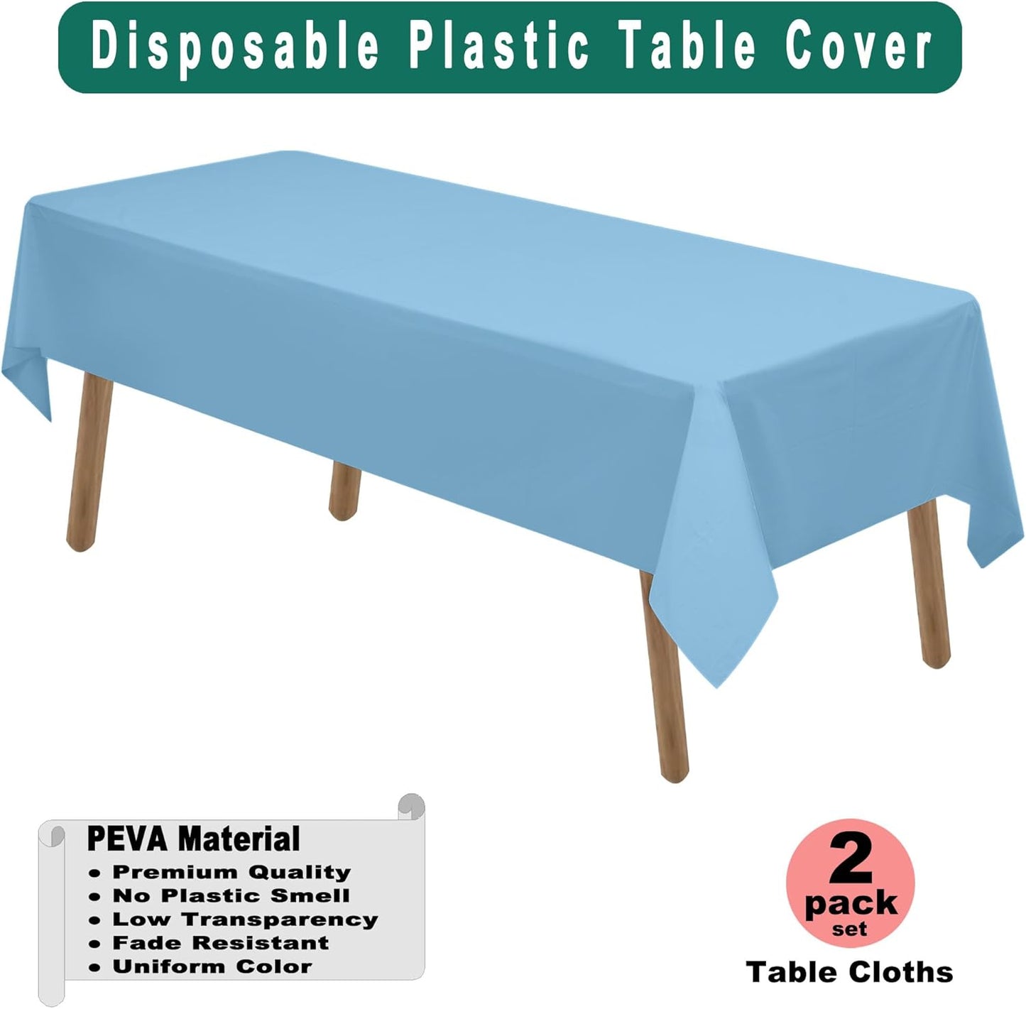 Light Blue Plastic Tablecloths 2 Pack Disposable Table Covers 54 x 108 Inch Baby Shower Party Tablecovers PEVA Sky Blue Table Cloths for BBQ Picnic Birthday Wedding Parties 8 ft Rectangle Table Use