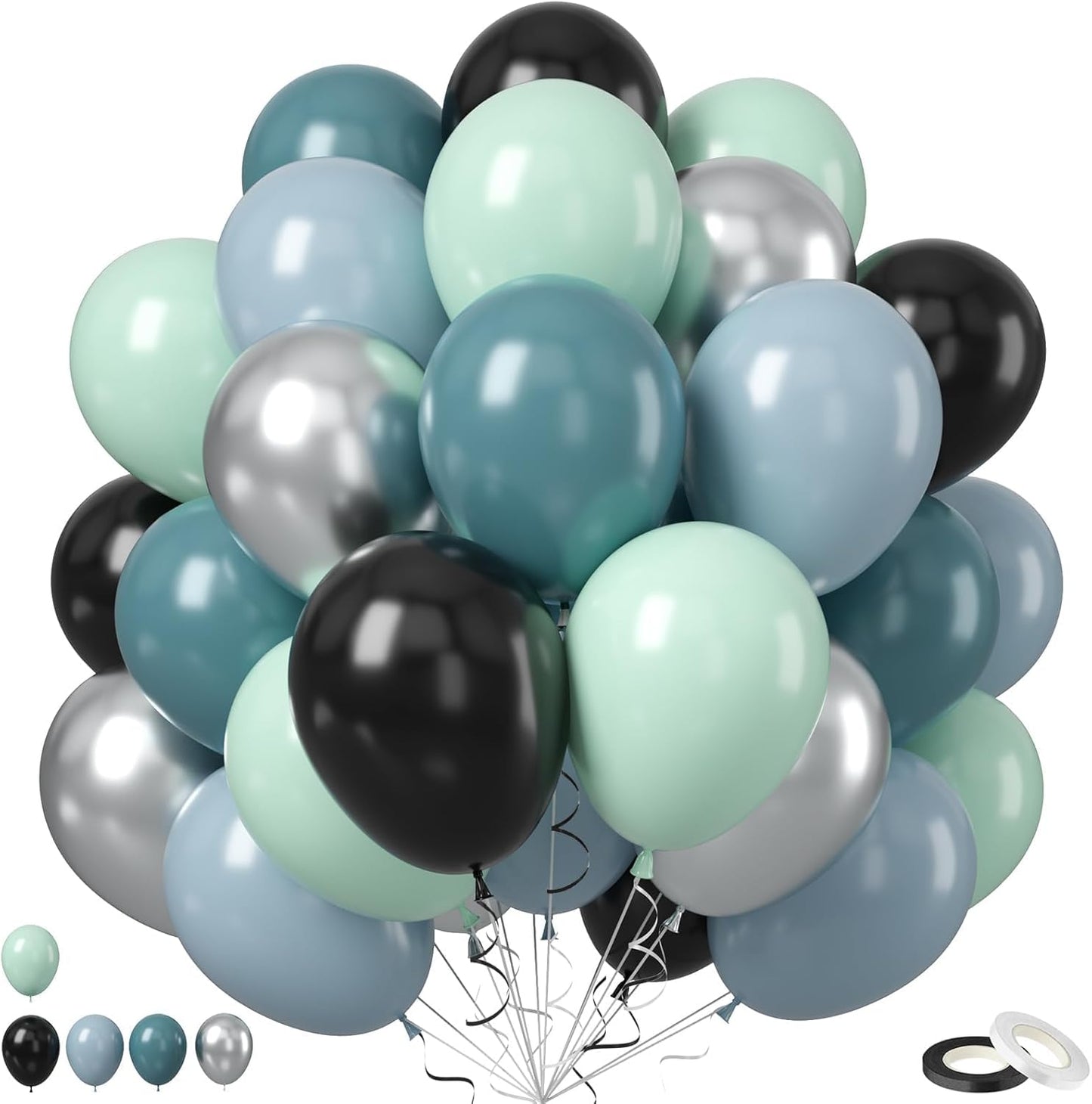 Dusty Blue and Black Balloons, 50pcs 12Inch Race Car Slate Light Pale Blue Pastel Green Black Metallic Silver Latex Helium Balloon for Boys Birthday Baby Shower Party Decorations