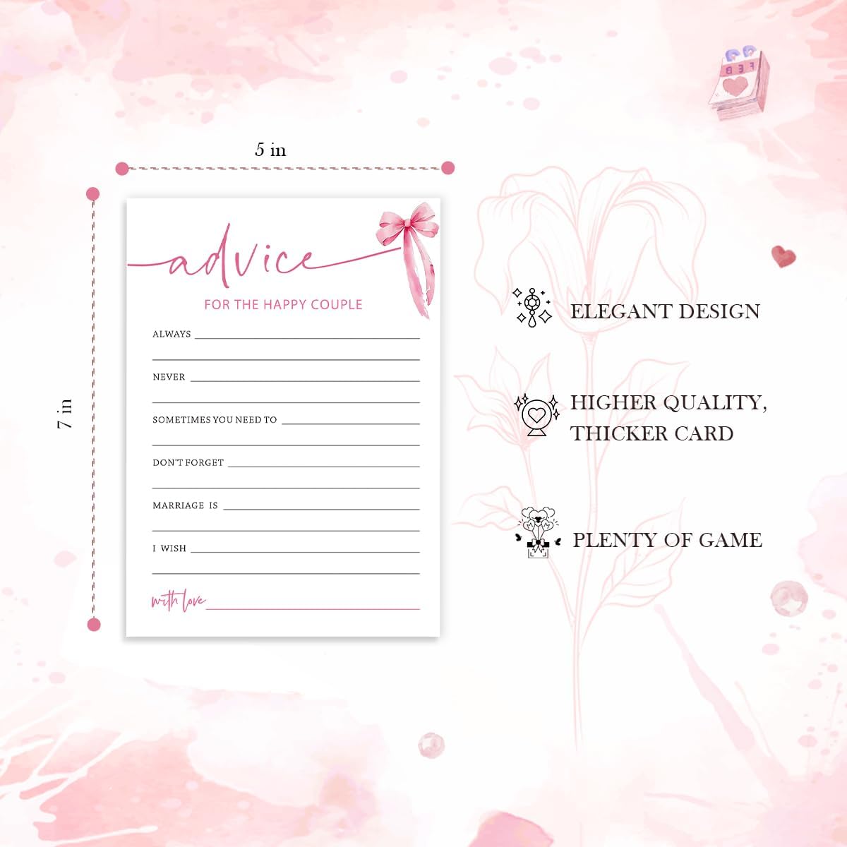 Bridal Shower Games Cards, Advice for The Happy Couple, Bridal Shower Games 25 Guests, Engagement Party Wedding Games for Guests, Pink Ribbon Bow Wedding Party Supplies - E10