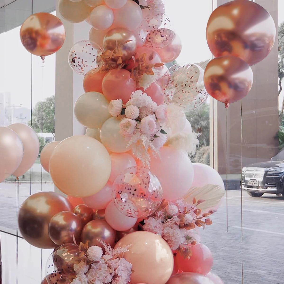 147PCS Rose Gold Balloon Garland Arch Kit, Pearl Rose Gold Metallic White Nude Balloons with Confetti for Wedding Bridal Shower Princess Party Girl Birthday Baby Shower Decorations