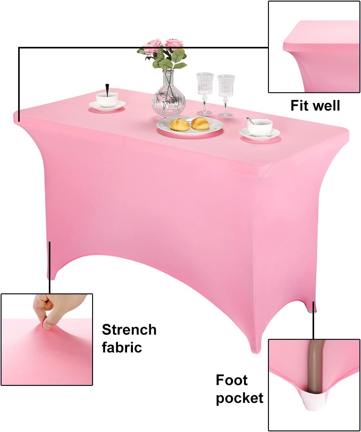FORLIFE Spandex Table Cover - Fitted 4ft Rectangular Tablecloth, Stretch Patio Cover, Universal for Wedding, Banquet, Party (Pink)