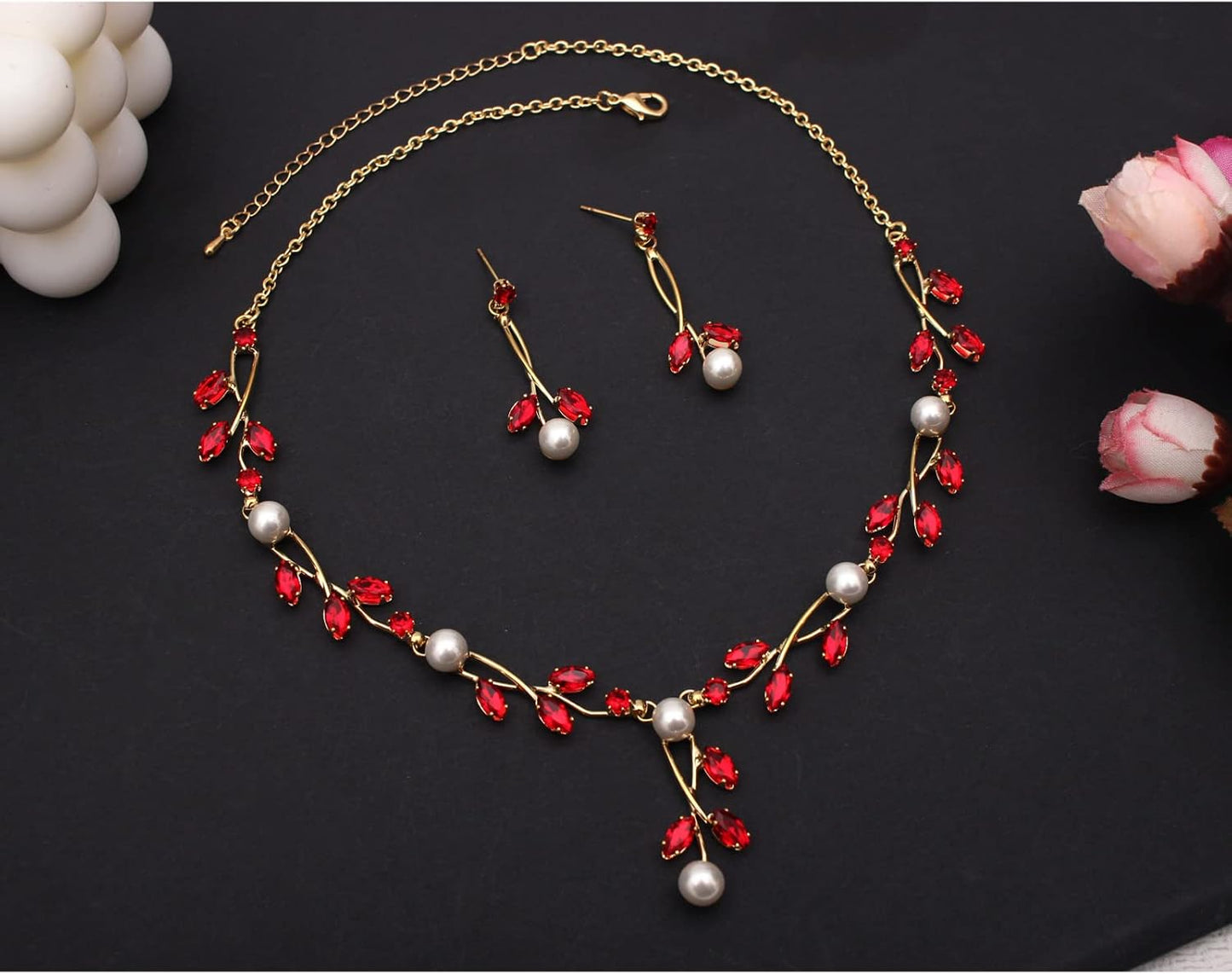 Luxury Cubic Zirconia Aurtrian Crystal Pearl Floral Necklace Dangle Earrings Wedding Bridal Jewelry Set Birthday Gifts for Her