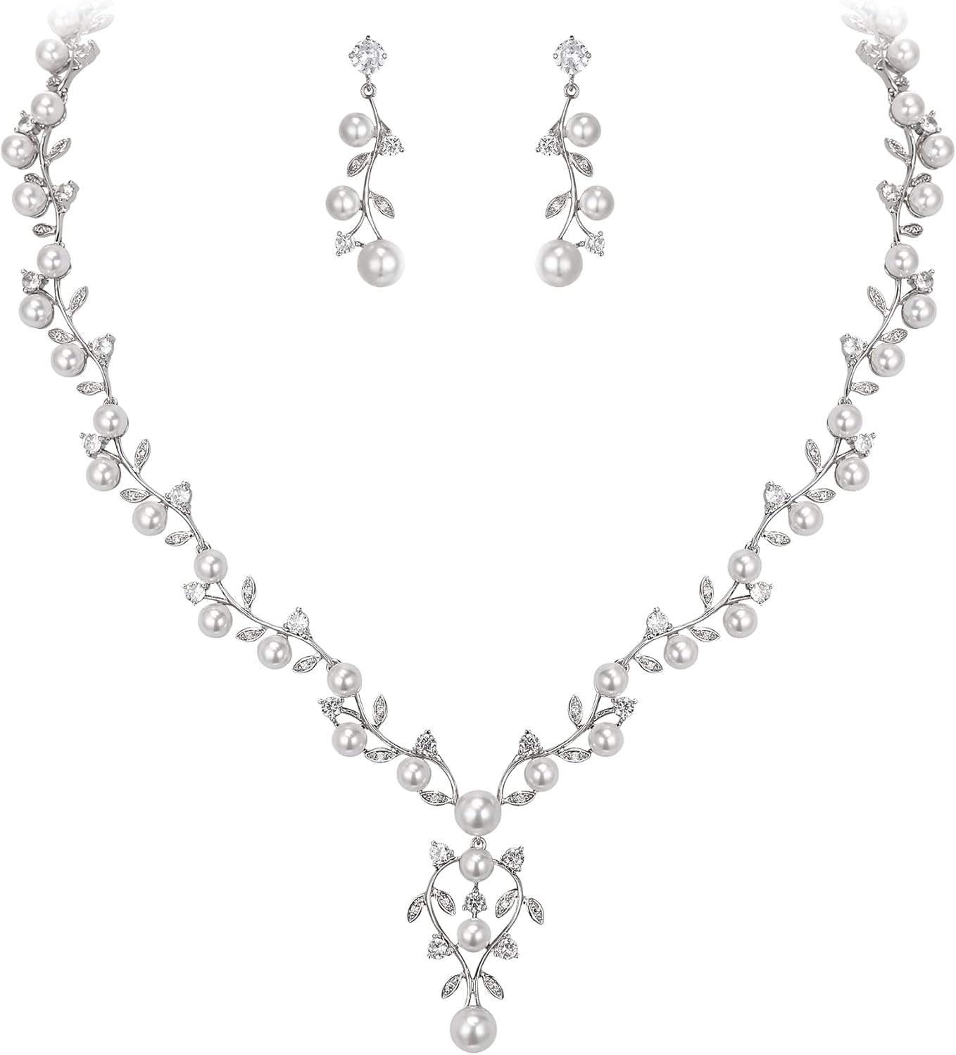 EVER FAITH Bridal Cubic Zirconia Jewelry Sets for Women, White Simulated Pearl Leaf Vine Pendant Wedding Party Necklace Earrings Set for Bridesmaid Bride