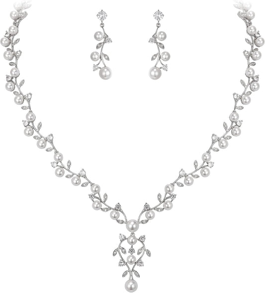 EVER FAITH Bridal Cubic Zirconia Jewelry Sets for Women, White Simulated Pearl Leaf Vine Pendant Wedding Party Necklace Earrings Set for Bridesmaid Bride