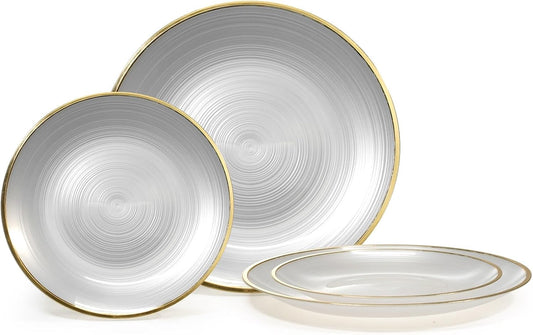 " OCCASIONS " 240 Plates Pack,(120 Guests) Premium Wedding Party Disposable Plastic Plates Set -120 x 10'' Dinner + 120 x 7'' Salad/Dessert (Belize in White Pearl & Gold)