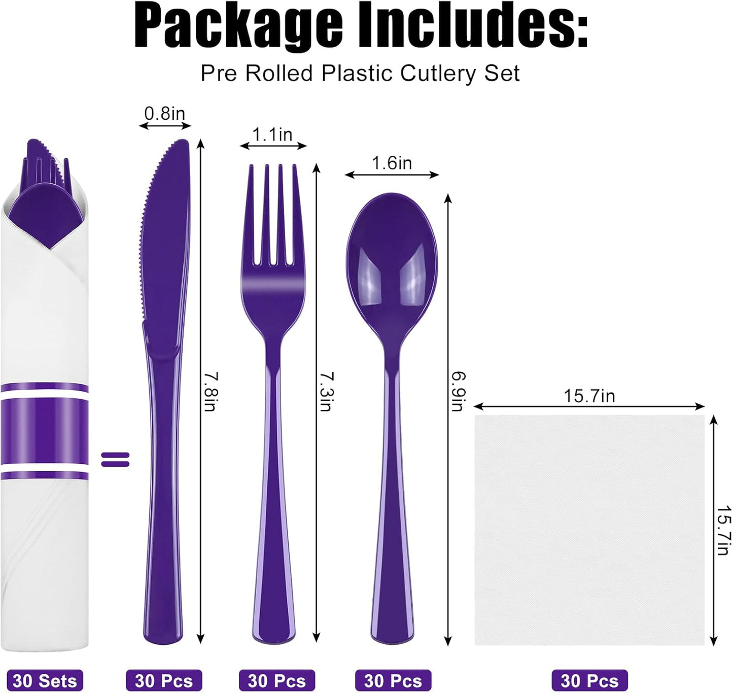 30 Pack Pre Rolled Purple Plastic Silverware with Napkins - Disposable Cutlery Set with Forks, Knives, Spoons & Linen-Like Dinner Napkins, Wrapped Plastic Utensils for Weddings, Parties & Events