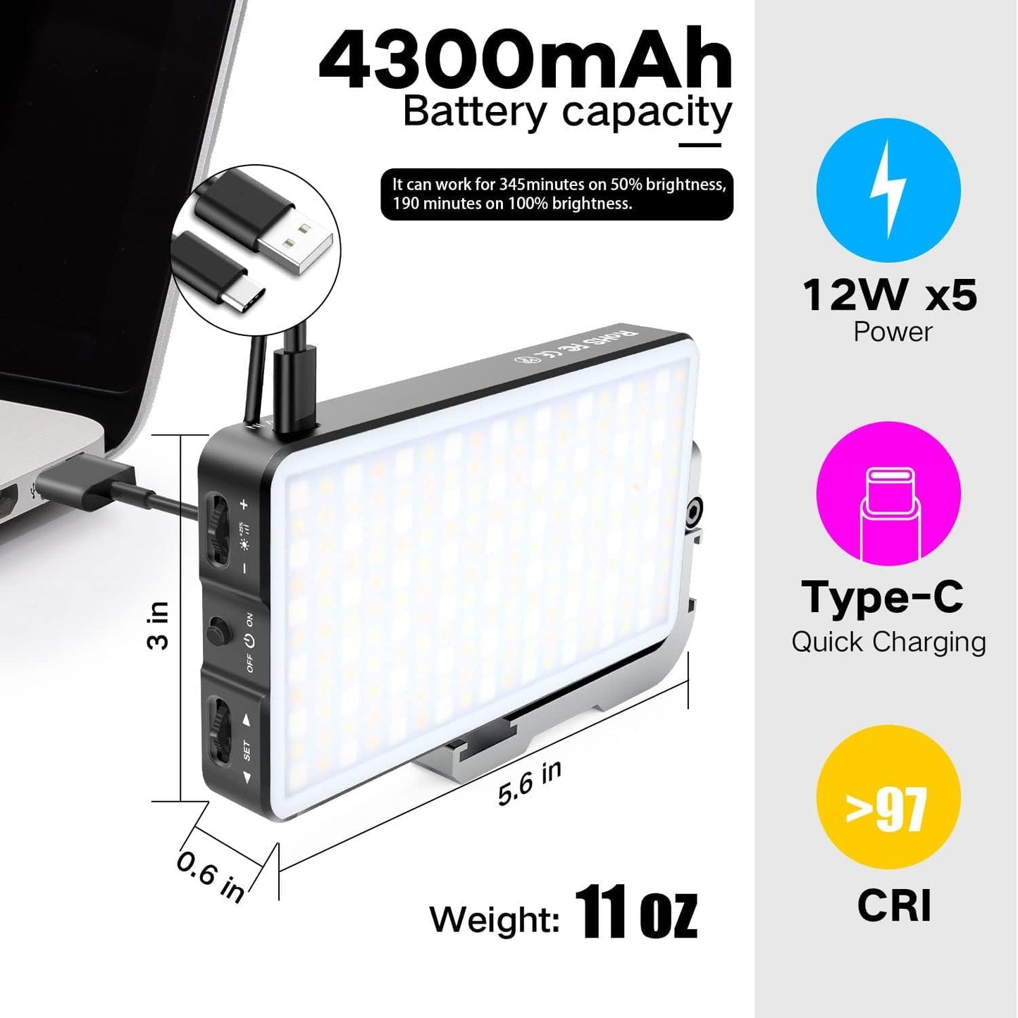 G2 Pocket RGB Camera Light,32Wh Built-in 4300mAh Rechargeable Battery 360°Full Color Gamut 9 Light Effects,2600-10000K LED Video Light Panel with Aluminum Alloy Body, Adjustable Tripod Stand