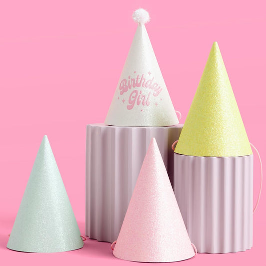 xo, Fetti Birthday Party Hats - Fits Adult + Child - Pastel Rainbow Bday Party, Glitter Birthday Girl, Magical, Paper Party Crowns,