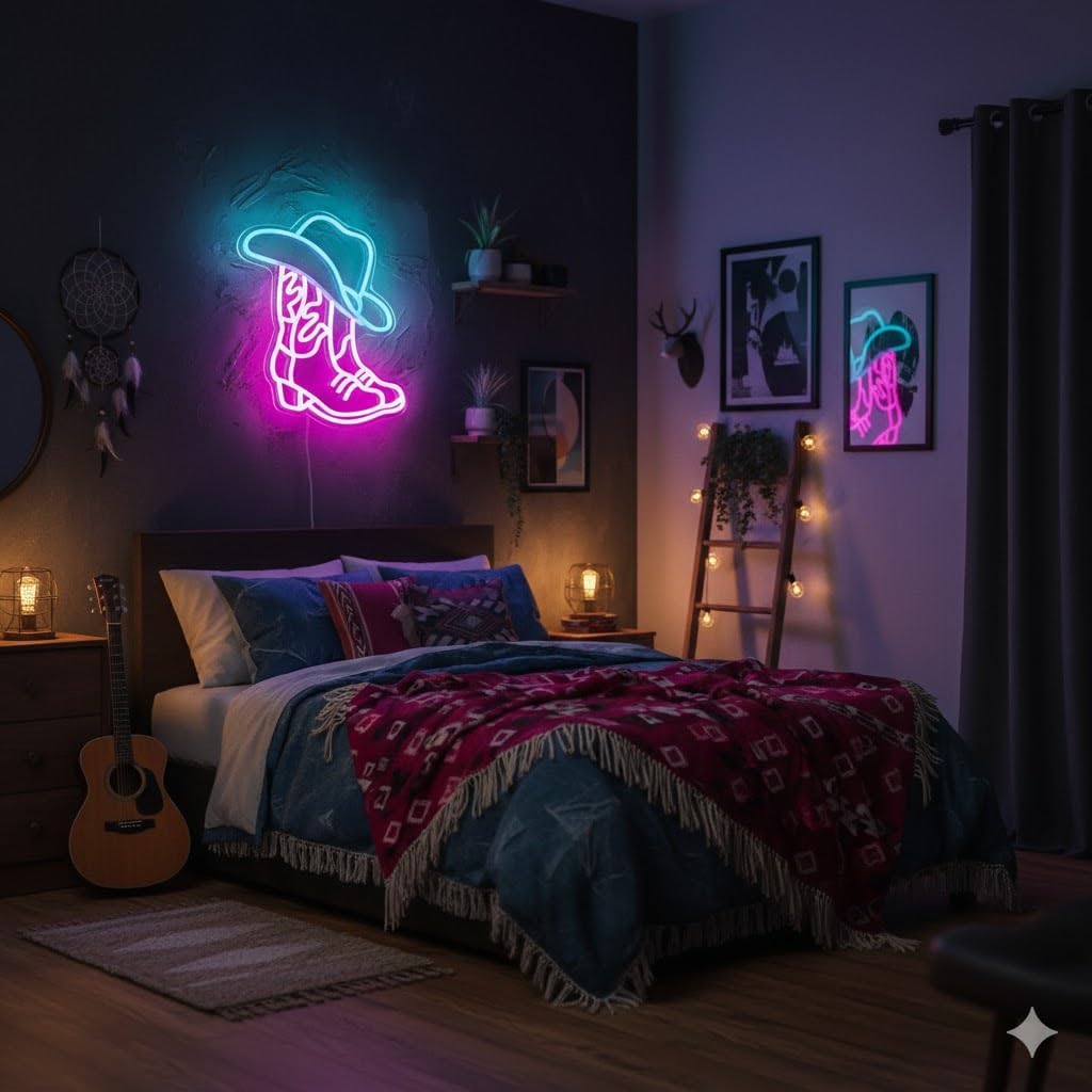 Cowboy Boot and Hat LED Neon Sign,Western Country Wall Decor for Bar, Man Cave, Garage,Pink White Aesthetic Rodeo Neon Light, Unique Christmas Birthday Gifts(13x15 in)