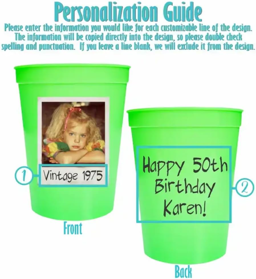 Custom Stadium Cups with Photo – Personalized 16oz Cups with Text – Printed Directly on Cup – Choose Cup Color, Text Color, Quantity and More – Party Favor for Birthdays & Events (Vintage Polaroid)
