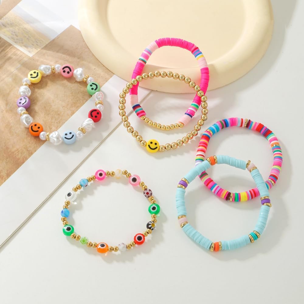 Friendship Bracelets for Women - Heishi Surfer Colorful Smile Evil Eye Clay Beaded Stretch Bracelets Elastic Layering - Stackable Boho Disc Y2K Aesthetic Summer Jewelry Set.