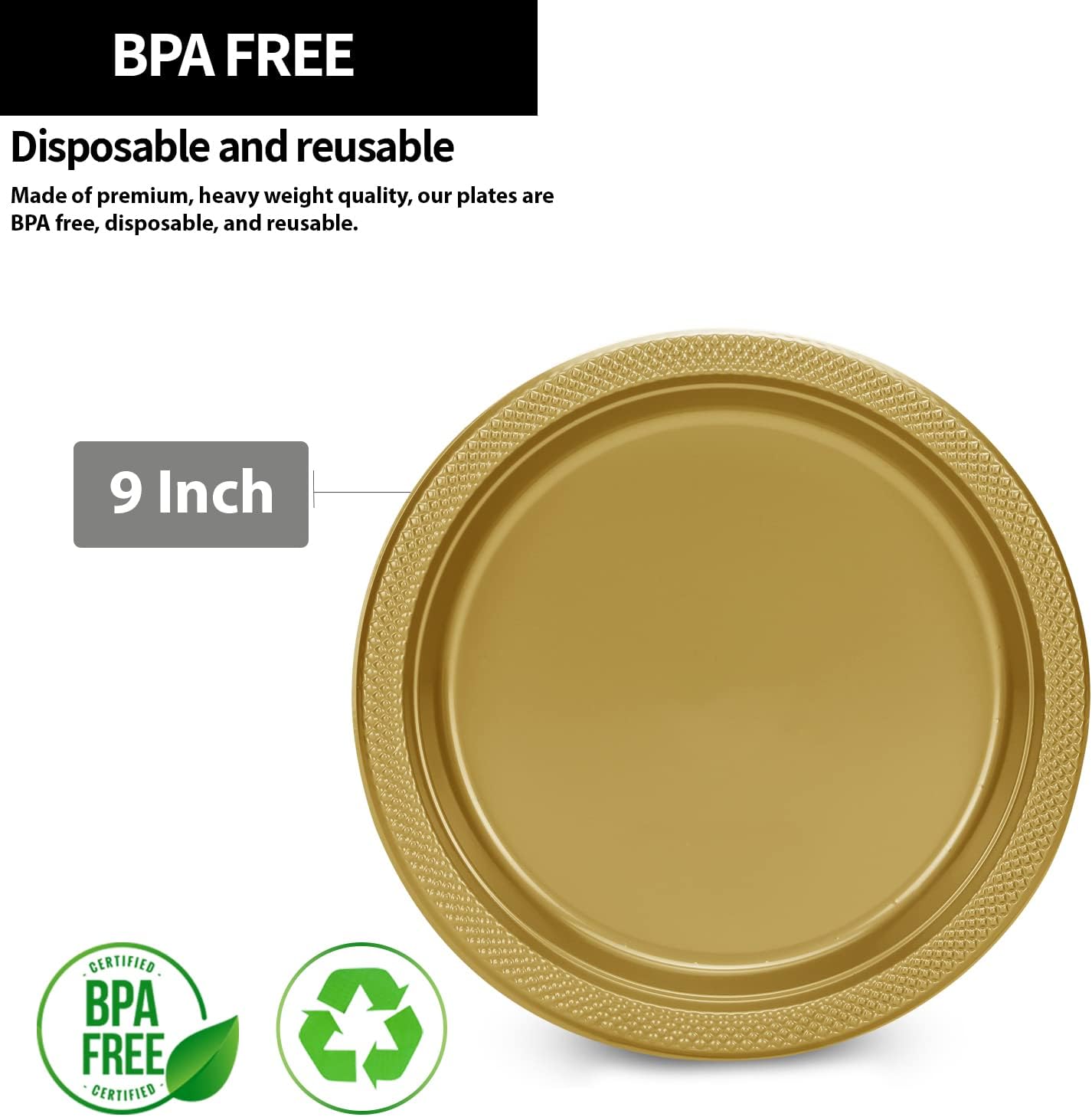 Gold Solid Color Premium Heavy Weight Plastic Dinner Plate (9") 50 Count - Elegant & Durable, Perfect for Parties & Events
