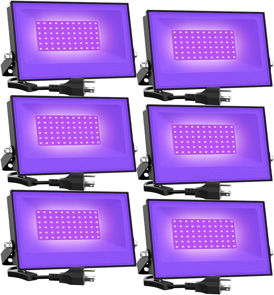 Onforu 6 Pack 38W LED Black Lights, Blacklight Flood Light with Plug, IP66 Waterproof, for Halloween Party, Glow in The Dark, Stage Lighting, Aquarium, Body Paint, Fluorescent Poster, Neon Glow,Black