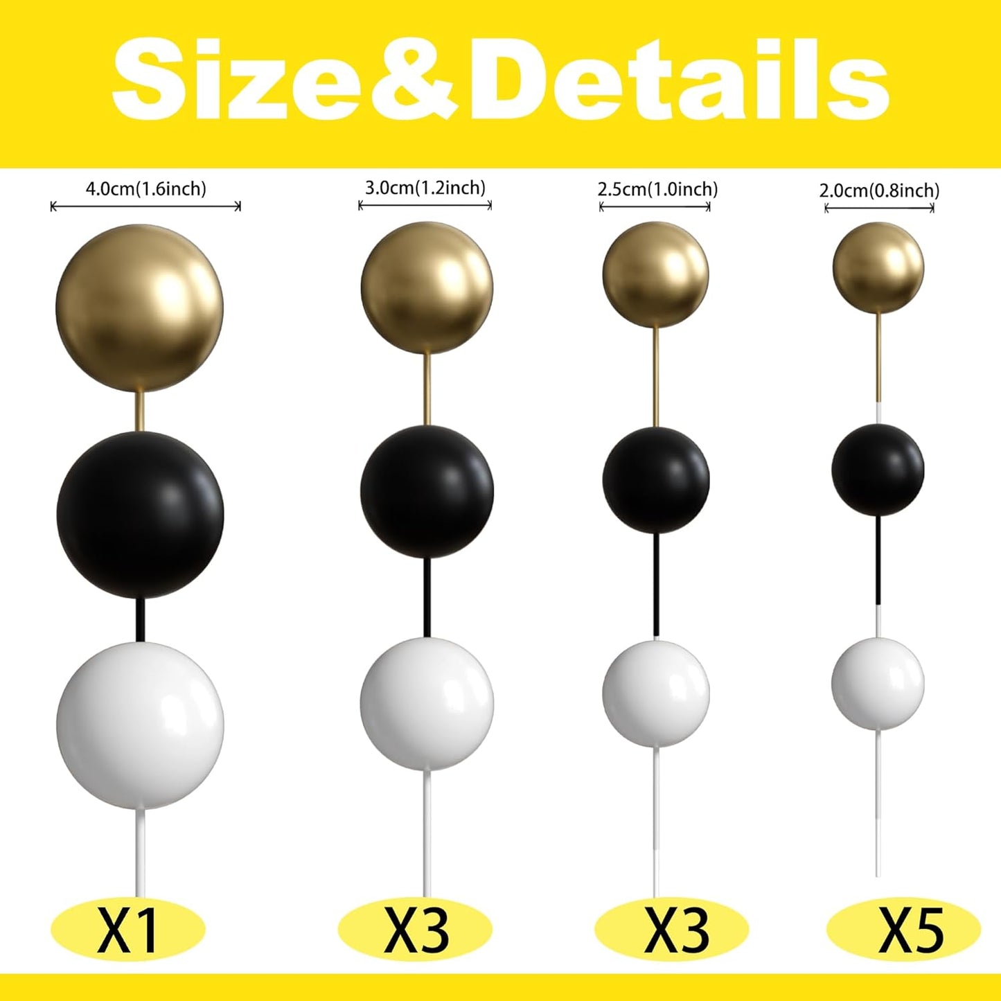 36 Pack Balls Cake Topper Decorations Foam Balloons Cake Decorations Sticks Mini Balloons Cake Toppers Balls Cake Picks for Baby Shower Wedding Anniversary Birthday Party Decorations Black White Gold