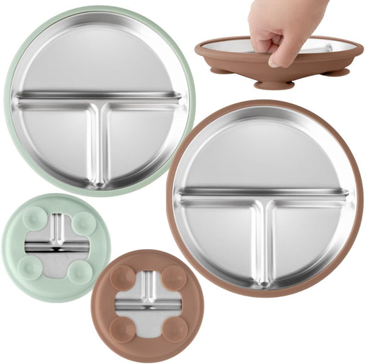 Stainless Steel Toddler Plate with Suction Set of 2, 8” Divided Plates with Removable Silicone Sleeves for Kids, Non Toxic & BPA Free | Non Slip | Unbreakable Baby Dishes, (Mocha Mousse & Sage Green)