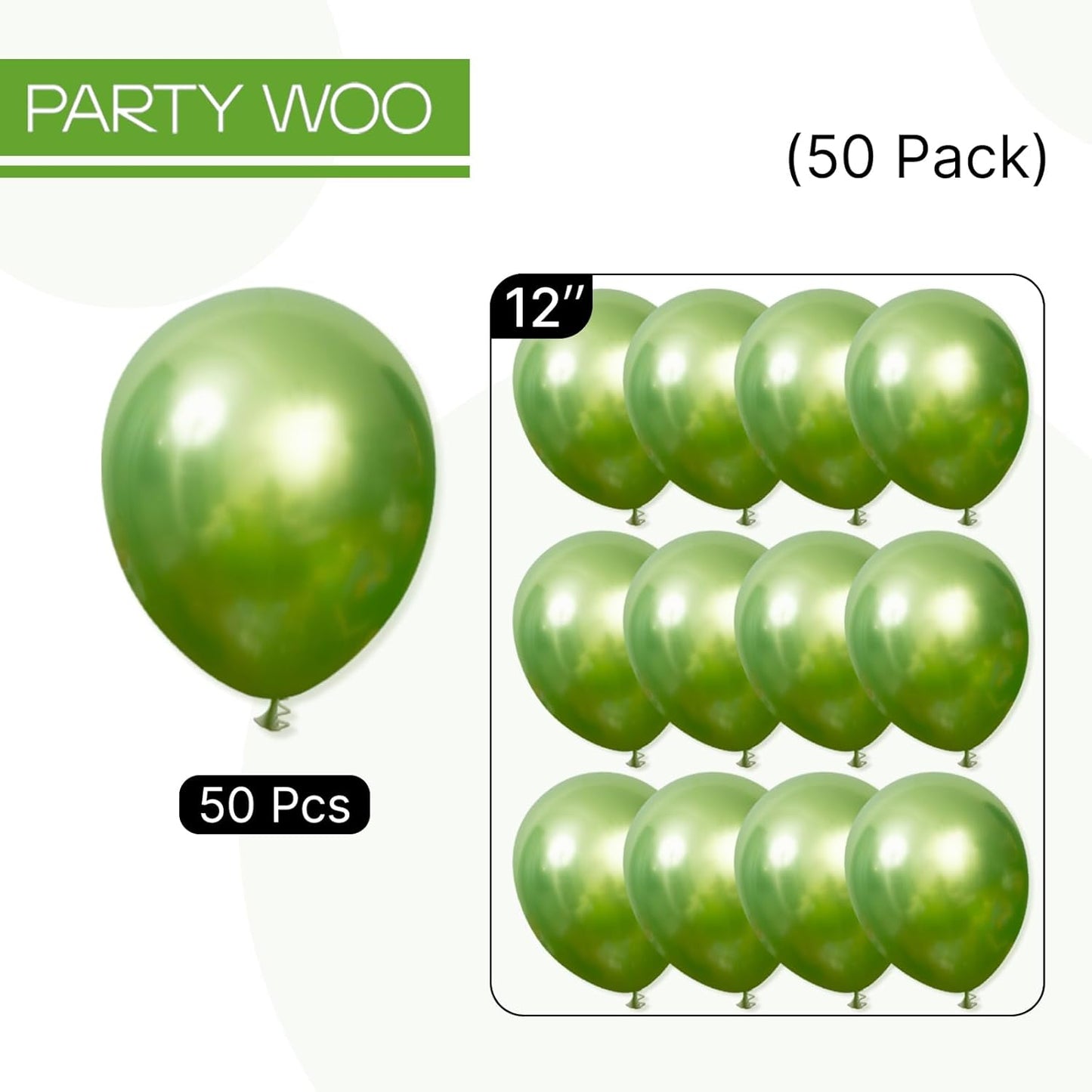 PartyWoo Metallic Green Balloons 50 pcs 12 Inch Metallic Apple Green Latex Helium Balloons for Graduation Halloween Safari Dinosaur Summer Weddings Baby Showers Birthday Party Decorations Green-G121