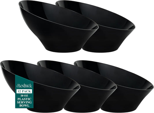 12pack Black Angled Plastic Bowls,20oz Salad Serving Bowls,Plastic Serving Bowl for Wedding, Party, Halloween, Catering