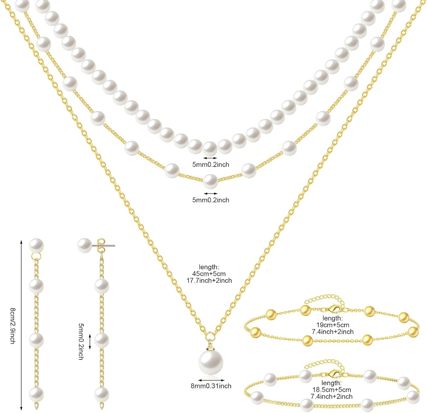 Pearl Jewelry Set for Women Faux Pearl Costume Jewelry Set with Necklace, Bracelets, Ring, Earrings for Wedding Bridal Birthday Tea Party