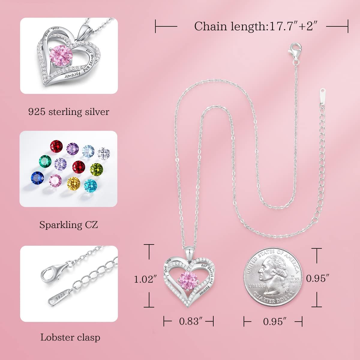 CDE Forever Love Heart Necklaces for Women, Wedding Anniversary, Birthday Mothers Day Christmas Day Gifts for Mom, Mother, Wife, friend, S925 Silver Jewelry with Birthstone Pendant