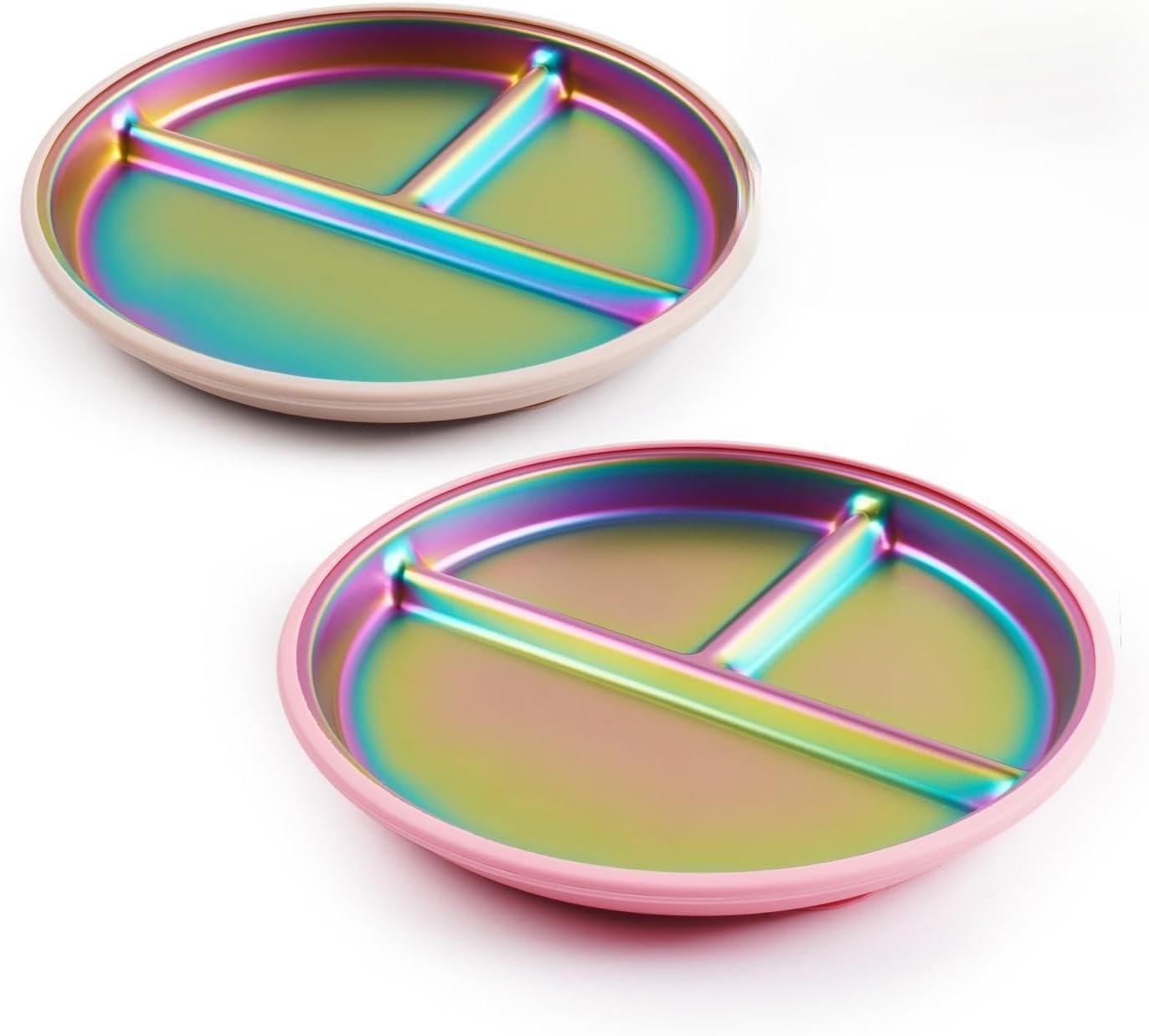 Stainless Steel Kids Plates with Suction, 9" BPA-Free Rainbow Toddler Plates 2pcs with Removable Food-Grade Silicone Base, Divided Baby Plates Dishwasher Safe, Pink & White