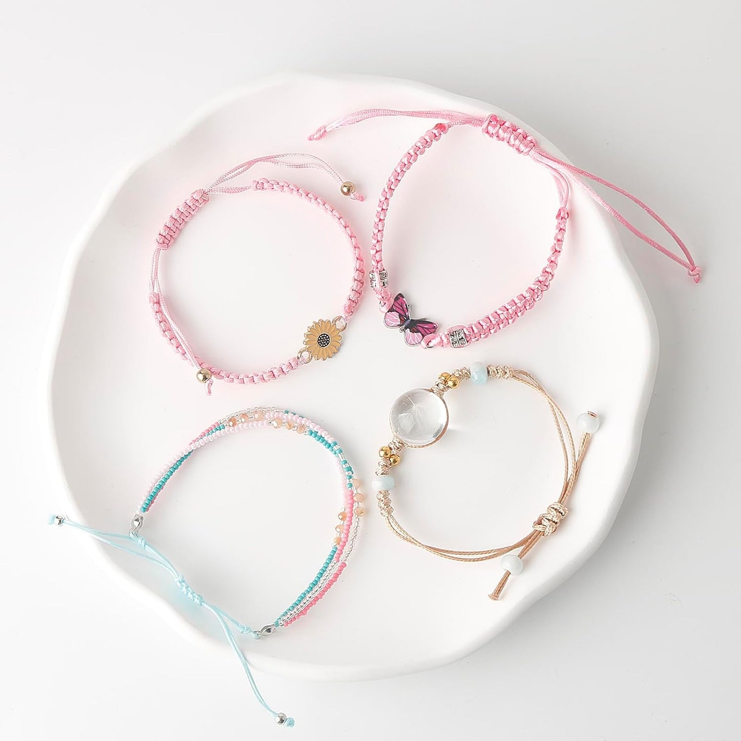 DS 4PCS String beads Charm Bracelets for Teen Girls Dainty cute cartoon Butterfly Daisy Eternal flower Beads Bracelets set for woman and girls Adjustable Stretch bracelet birthday Gift For Friends