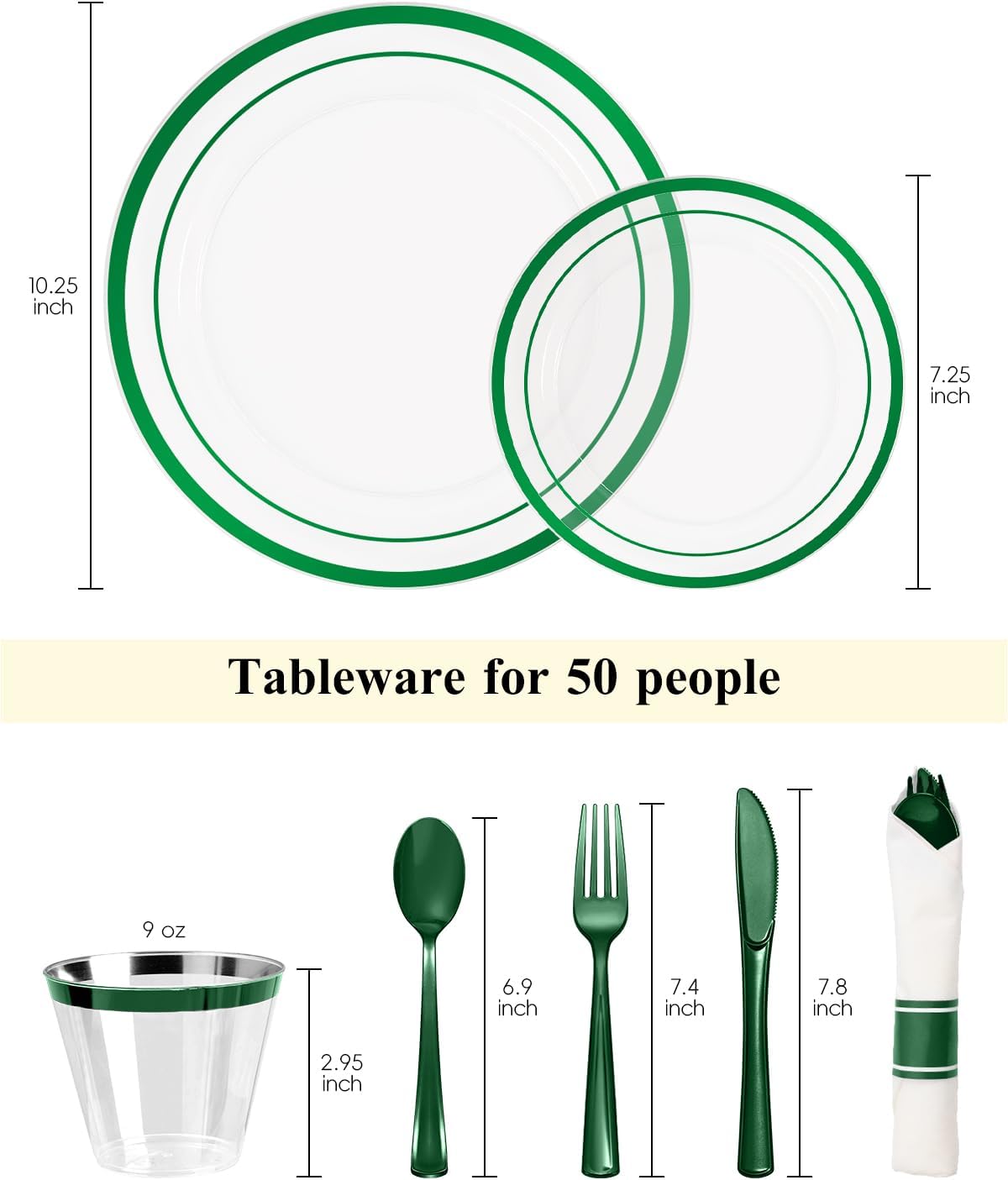 Goodluck 350 Piece Green Plastic Plates, Clear Plastic Silverware Disposable Plates Set, Include 100Plates, 50Pack Pre Rolled Napkins with Silverware, 50Cups for Party, Wedding, Graduation
