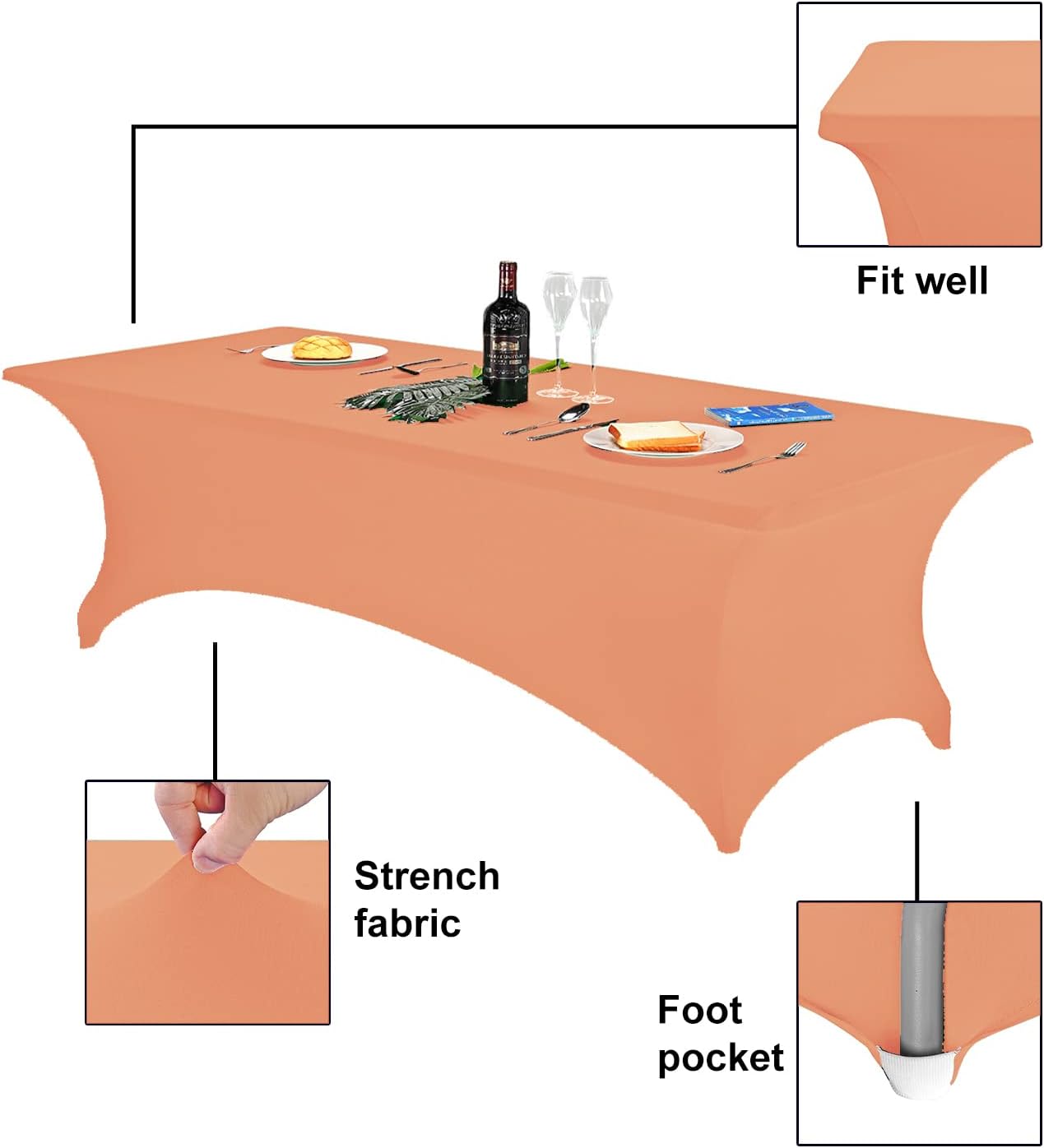 FORLIFE Spandex Table Cover - Fitted 8ft Rectangular Tablecloth, Stretch Patio Cover, Universal for Wedding, Banquet, Party (Peach)