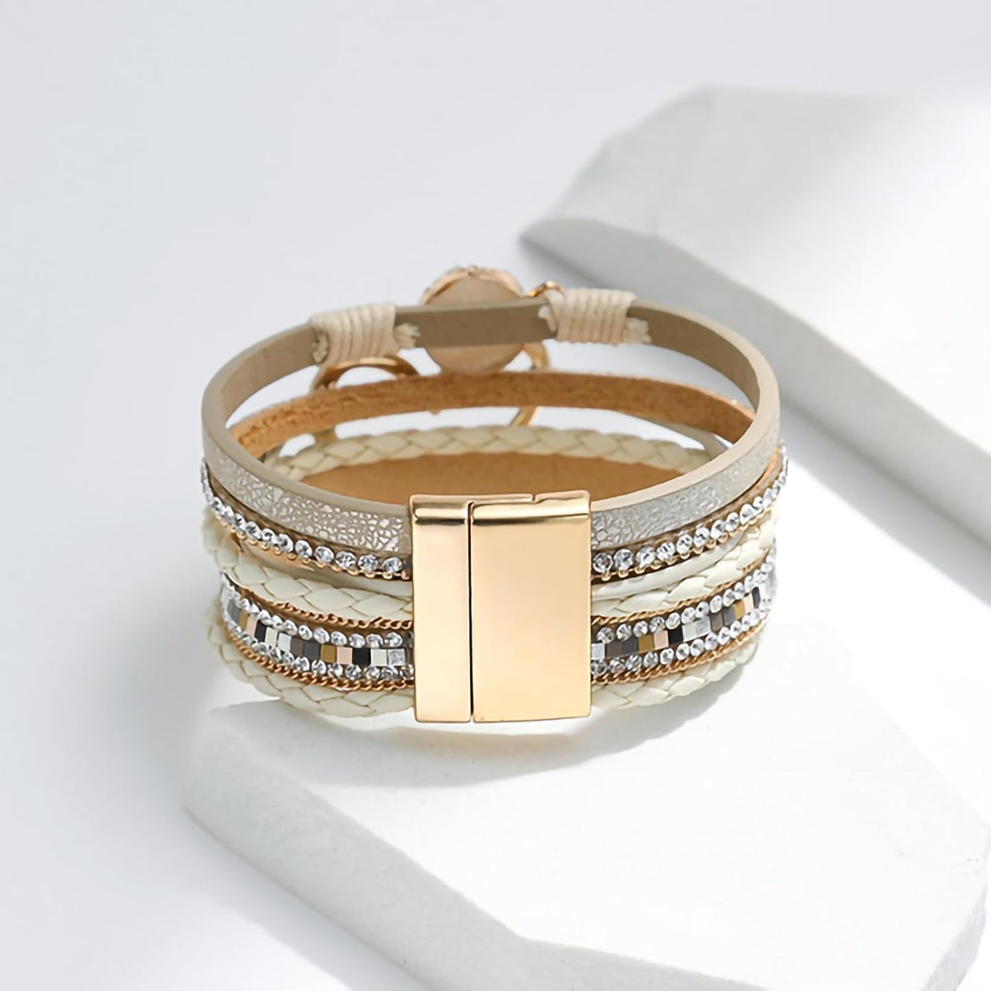 Fesciory Leopard Bracelet for Women, Boho Leather Wrap Multi-Layer Pearl Crystal Bracelet Bangle Jewelry