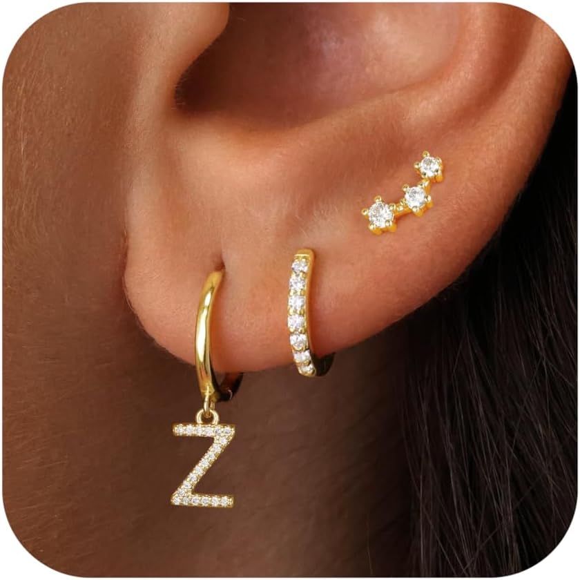 Gold Earrings for Women Girls - 3 Pairs Gold Huggie Hoop Earrings for Girls with Initial Dangle Cartilage Earrings Studs Hypoallergenic Earring Set for Multiple Piercing Gifts for Women Girl