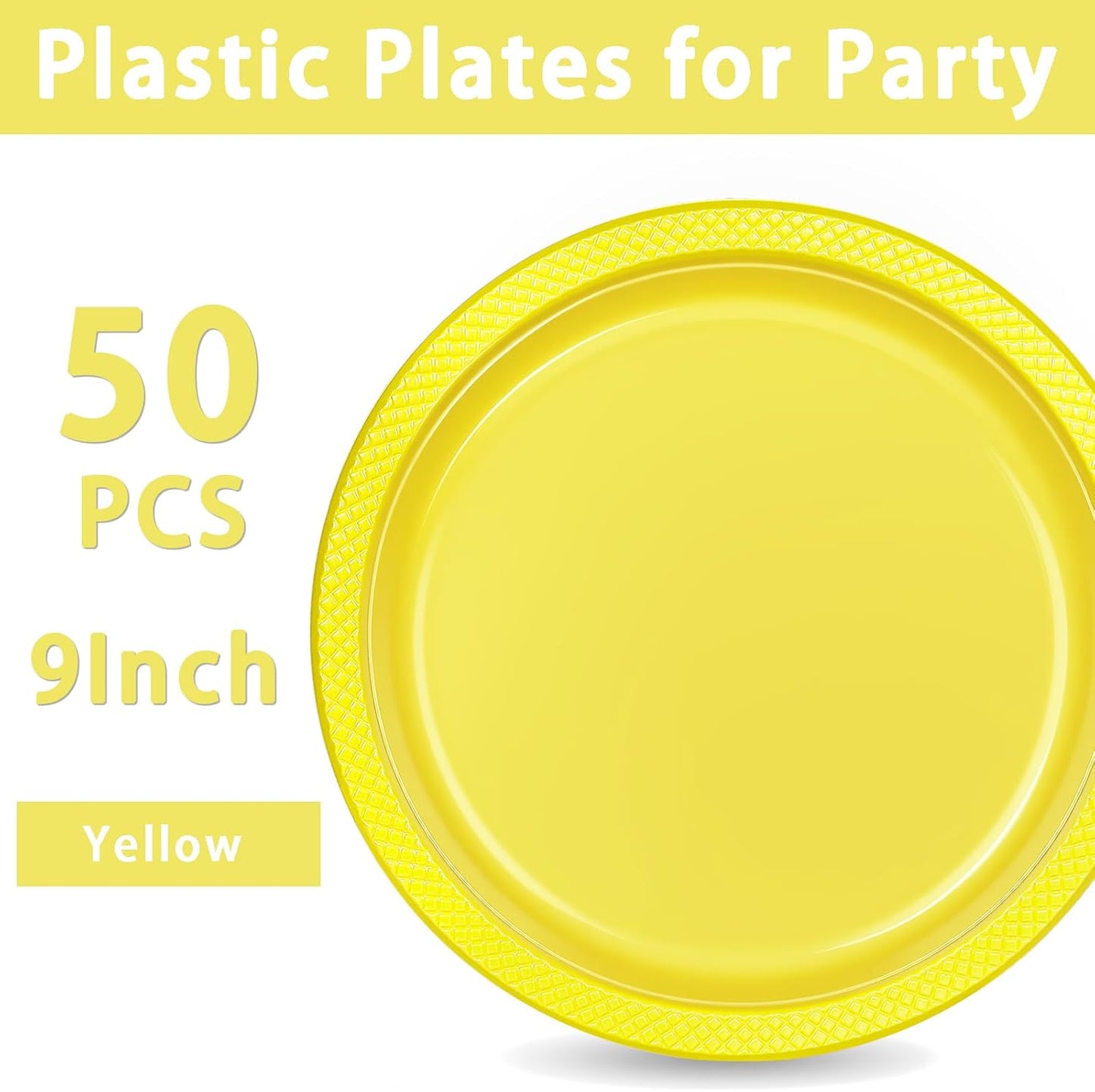 WELLIFE 9 Inch Plastic Plates Yellow 50 Count Disposable Plate for Party, Dessert Plates for Dinner Cake Salad Supplies Birthday