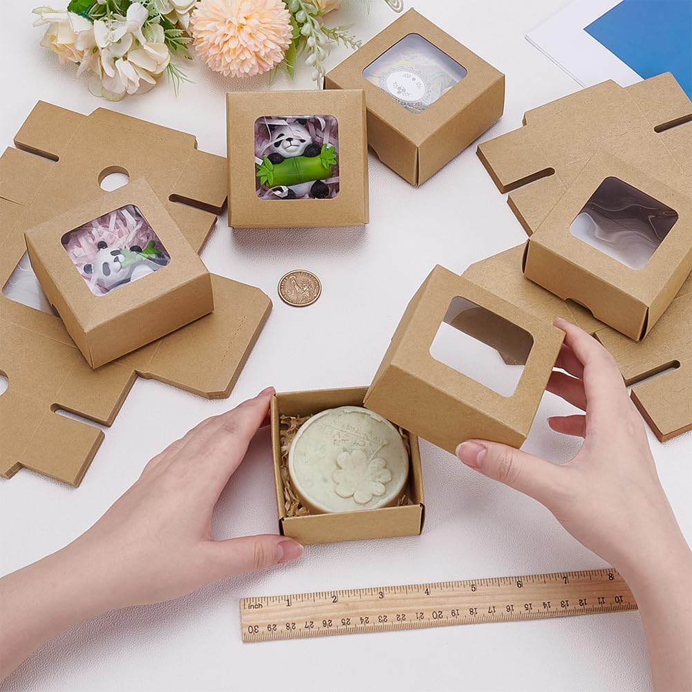 BENECREAT 20 PCS Brown Kraft Paper Box with Transparent Window, 3.15x3.15x1.57inch Square Kraft Paper Gift Box, For Wedding Party Gifts, Jewellery Packaging