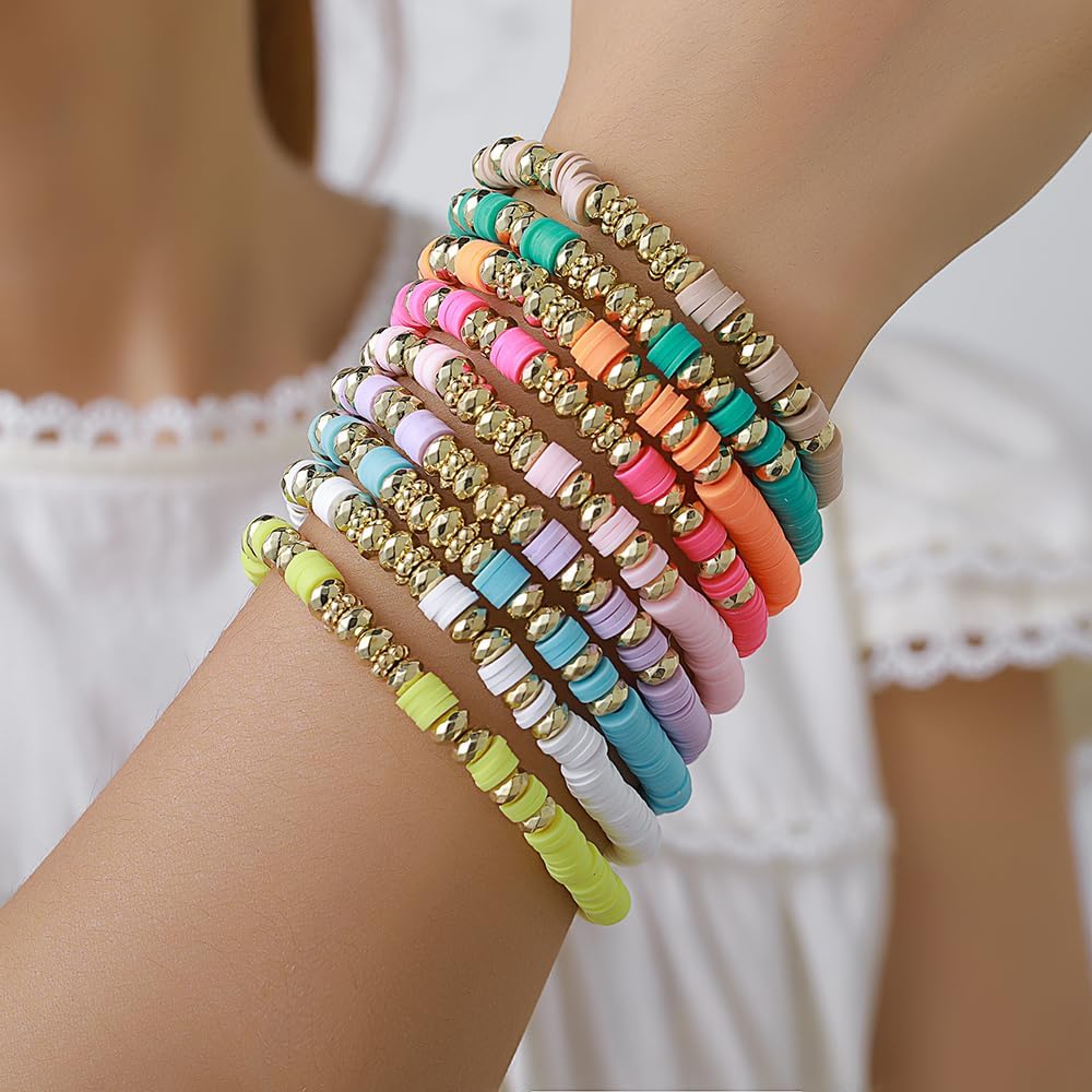 Friendship Bracelets Boho Stackable Bracelets for Women Surfer Heishi Clay Bead Bracelets Stretch Preppy Bracelets Colorful Boho Bracelets for Women
