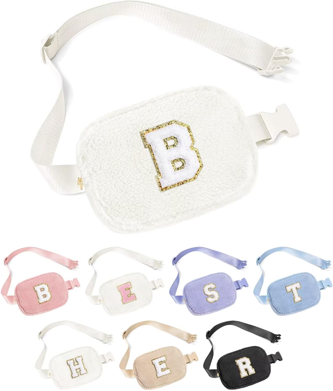 YOOLIFE Bridesmaid Gifts - Bridesmaid Proposal Gift Wedding Day, Bridal Shower Gifts, Maid of Honor Gifts, Fleece Belt Bag Initial Crossbody Bag Beige B