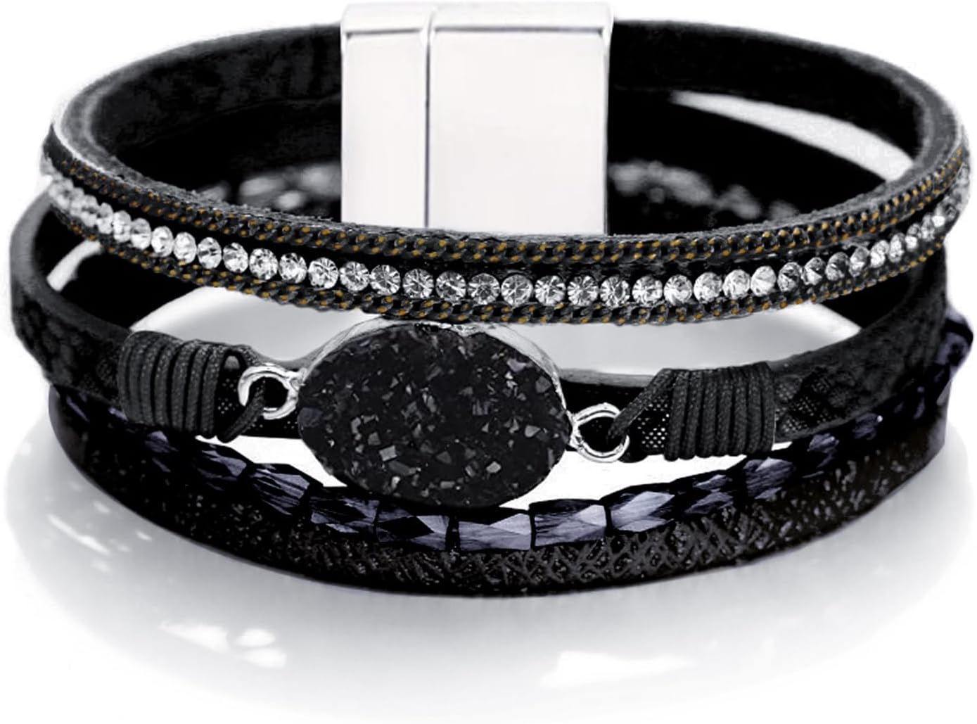 Fesciory Leopard Bracelet for Women, Boho Leather Wrap Multi-Layer Pearl Crystal Bracelet Bangle Jewelry