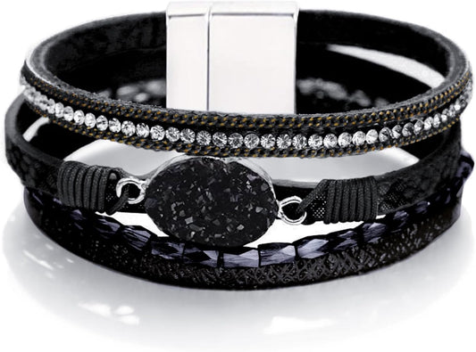 Fesciory Leopard Bracelet for Women, Boho Leather Wrap Multi-Layer Pearl Crystal Bracelet Bangle Jewelry