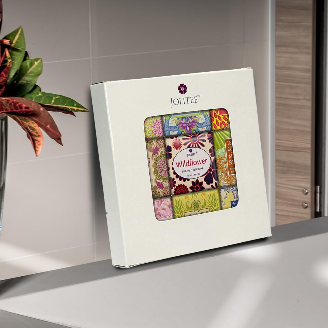 Jolitee French Milled Botanical Soap Sampler Set of 9 - Individually Wrapped Vegetable-Based Mini Soaps with Essential Oils, Shea Butter, and Natural Extracts (Floral Favorites - White Box)