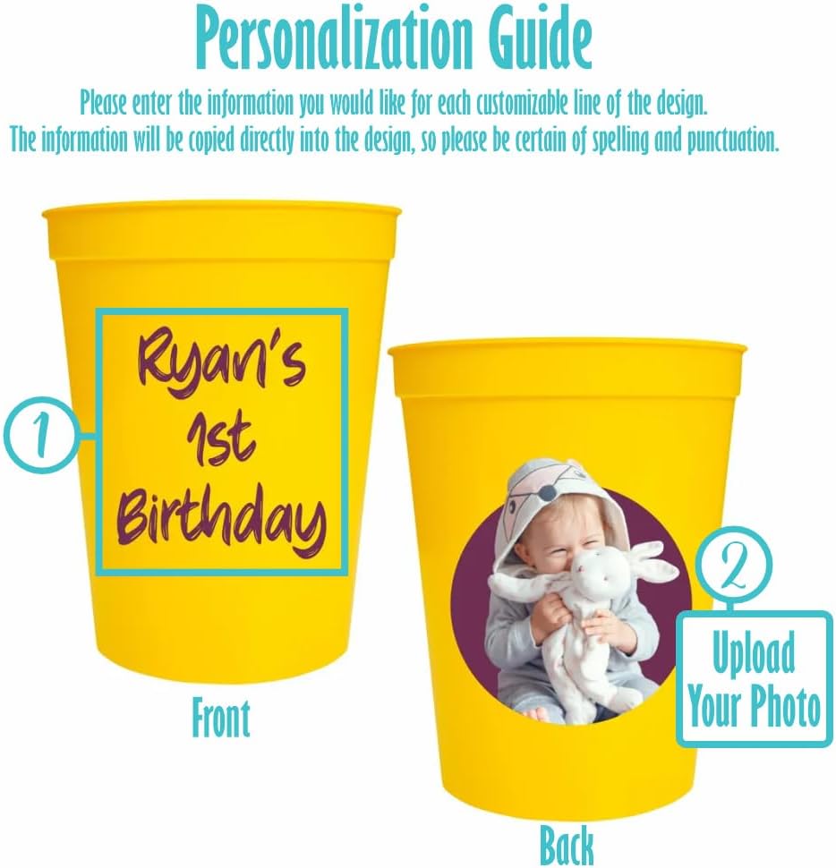 Custom Birthday Cups with Photo – Personalized 16 oz Plastic Cups with Text – Printed on Cup – Choose Cup Color, Text Color, Quantity and More – Party Favor for Birthdays & Events (Circle Backdrop)