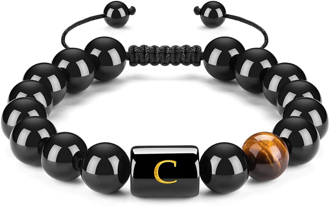 FRG Initials Bracelets for Men Letter Link Handmade Natural Black Onyx Tiger Eye Stone Beads Braided Rope Meaningful Bracelet