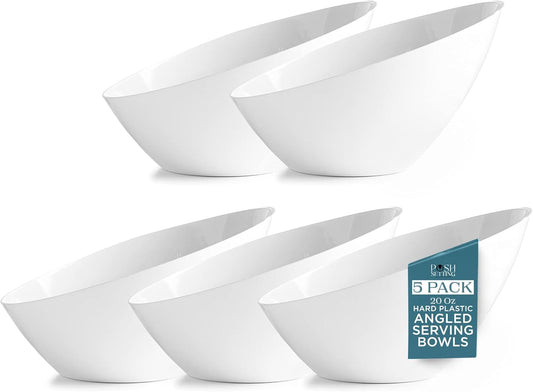 Posh Setting - White Plastic Serving Bowls for Party Angled Bowls Disposable Chip Bowls Candy Bowls for Party Table Salad and Fruit Bowls for Party Wedding Serving Bowls-White, 20 OZ, 5 Pack