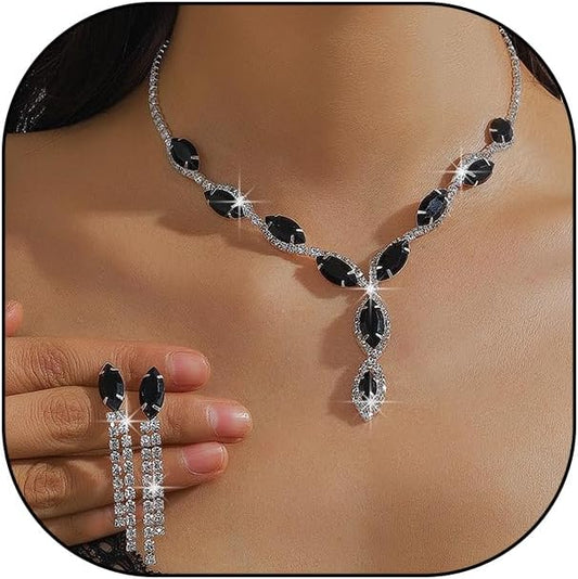 Silver Rhinestone Prom Jewelry Set for Women,Black Glitter Crystal Chain Choker Necklace Cz Drop Earring for Wedding Bridal,Formal Costume Accessories