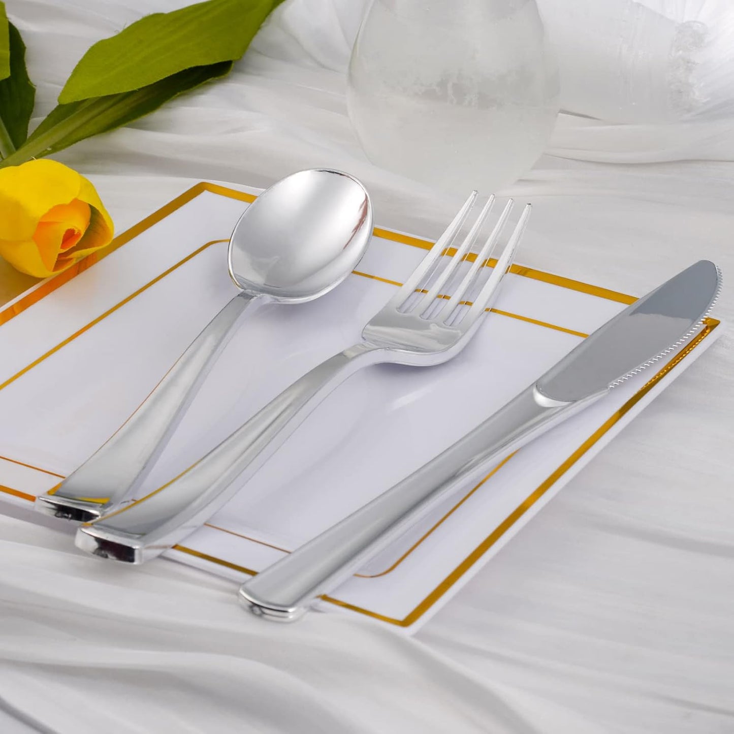 Pre Rolled Plastic Cutlery - Silver Disposable Plastic Silverware, 100 Pack Wrapped Silverware, Disposable Rolled Utensils with 100 Forks Knives Spoons Dinner Napkins for Party