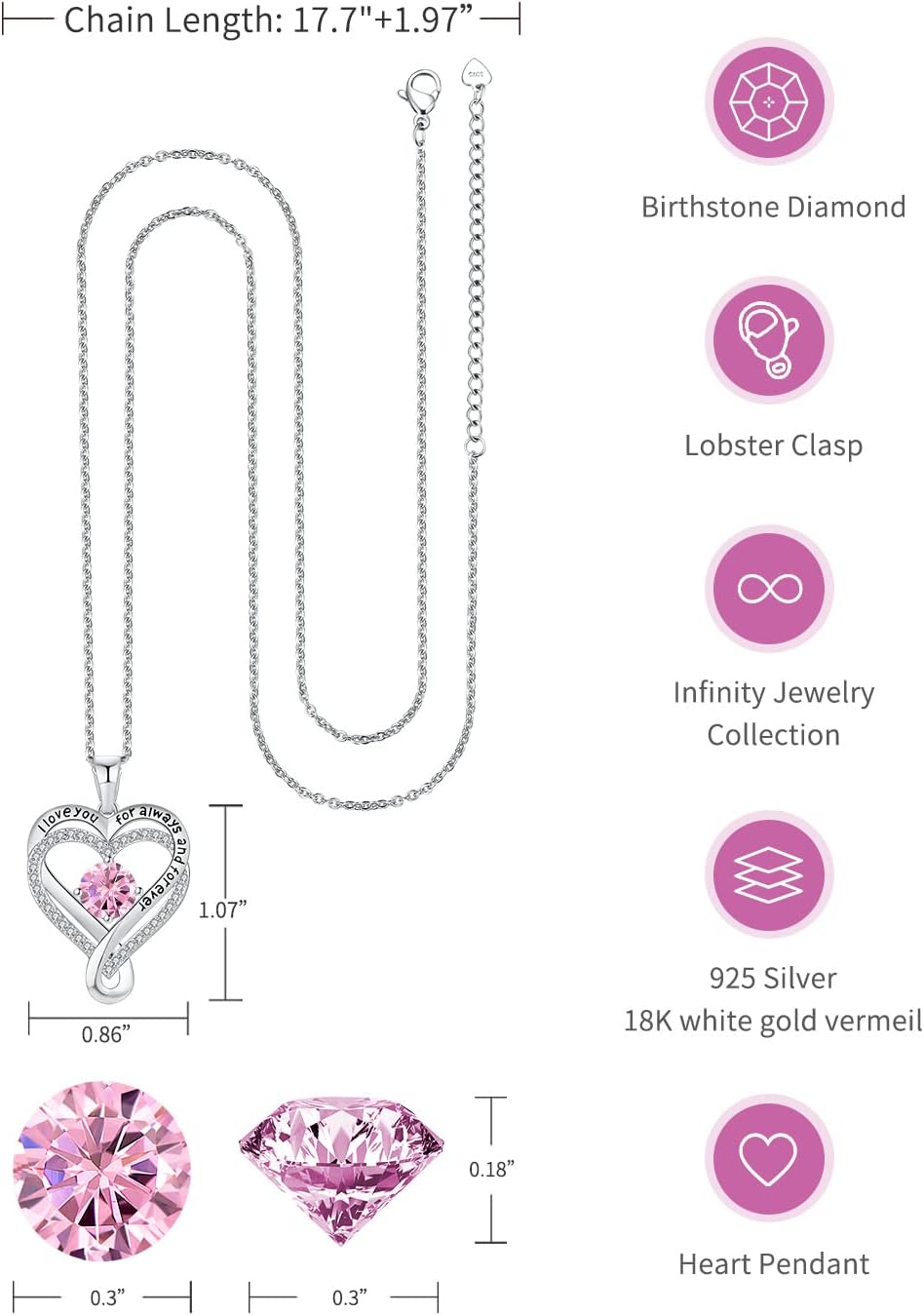 Jewelry for Women Wife Infinity Heart Birthstone I Love You Necklace S925 Anniversary Women Necklaces for Her Wife Birthday Gift Ideas, Birthday Present for Girlfriend Mom Daughter Sterling Silver
