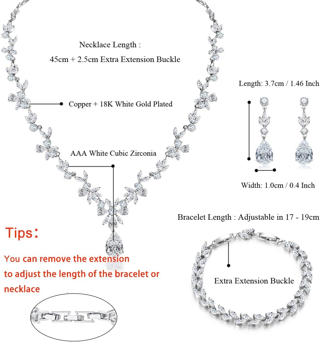 Hadskiss Jewelry Set for Women, Necklace Dangle Earrings Bracelet Set with White AAA Cubic Zirconia, Allergy Free Wedding Party Jewelry for Bridal Bridesmaid