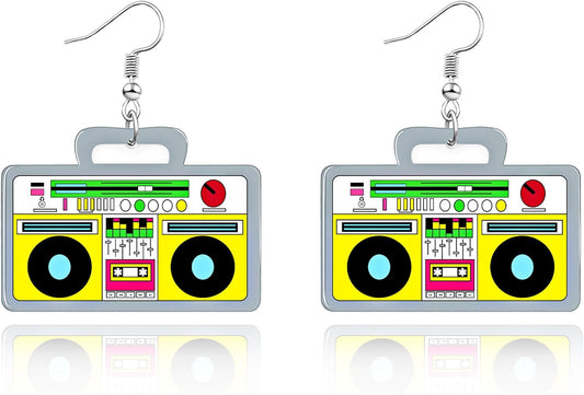 90s 80s Earrings for Women Retro Cassette Tape Earrings Acrylic Radio Tape Drop Dangle Earring for Halloween Cosplay Glow Party Music Festival Costume Accessories